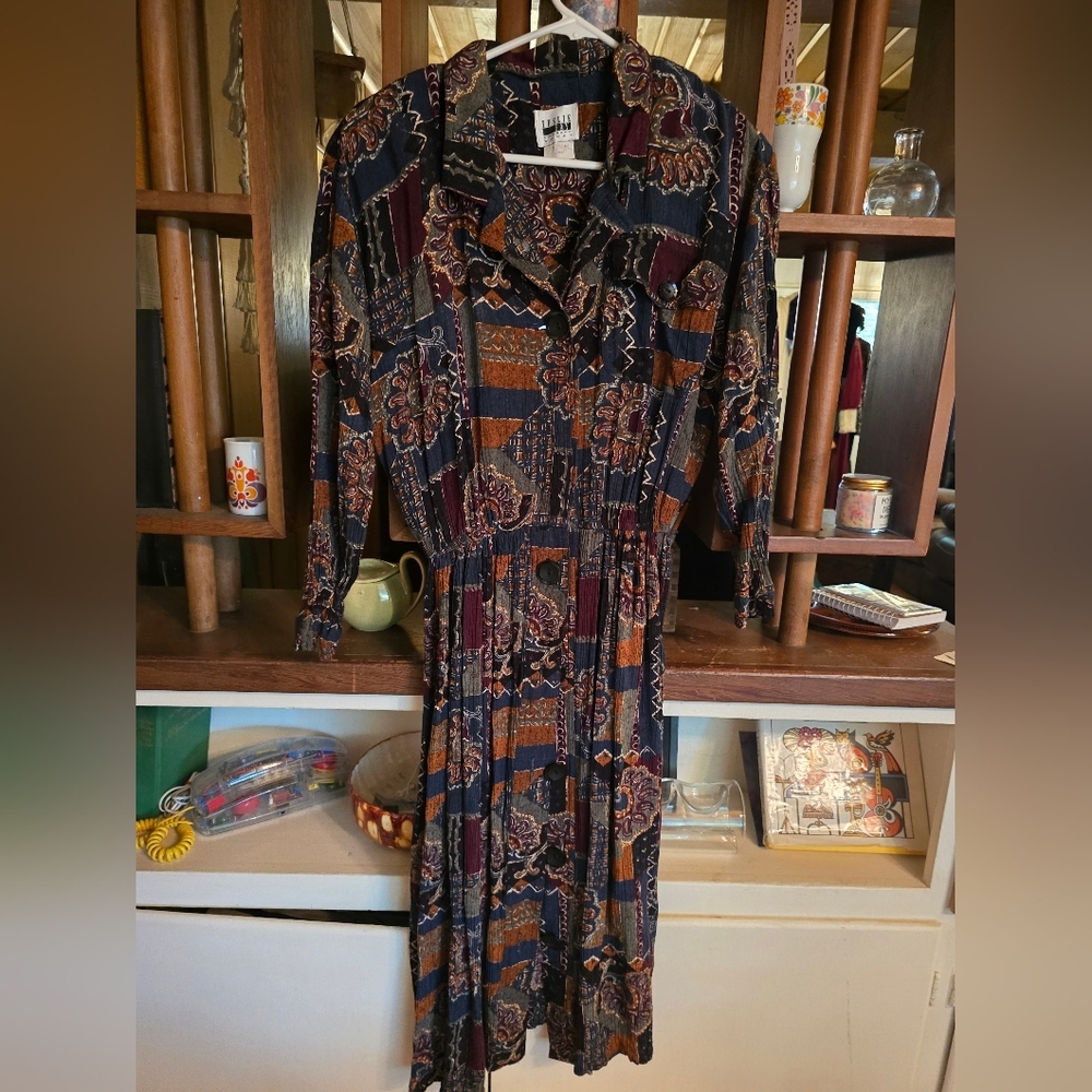 Leslie Faye Vintage Patterned Long Sleeve Dress Size 14